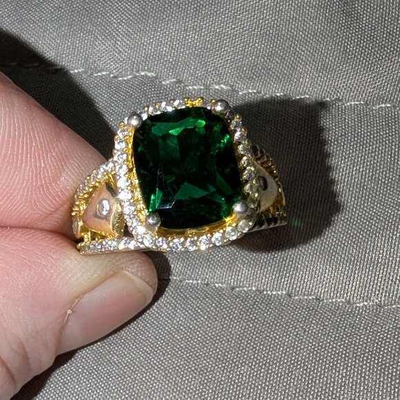 Size 8 Sterling Silver 925 & Gold Accented Emerald Green Statement Ring 5223 - Picture 1 of 8